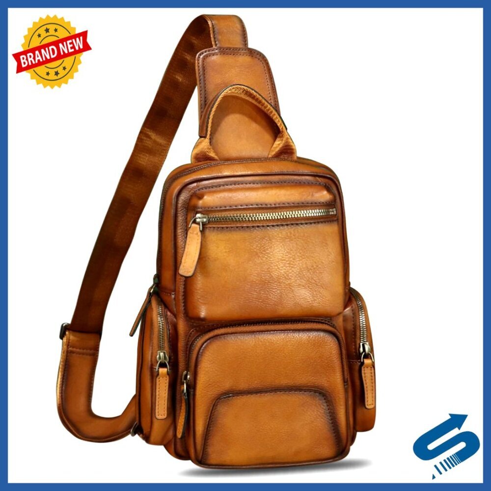 Genuine Leather Sling Backpack Crossbody Bag Vintage Style Functional Pockets